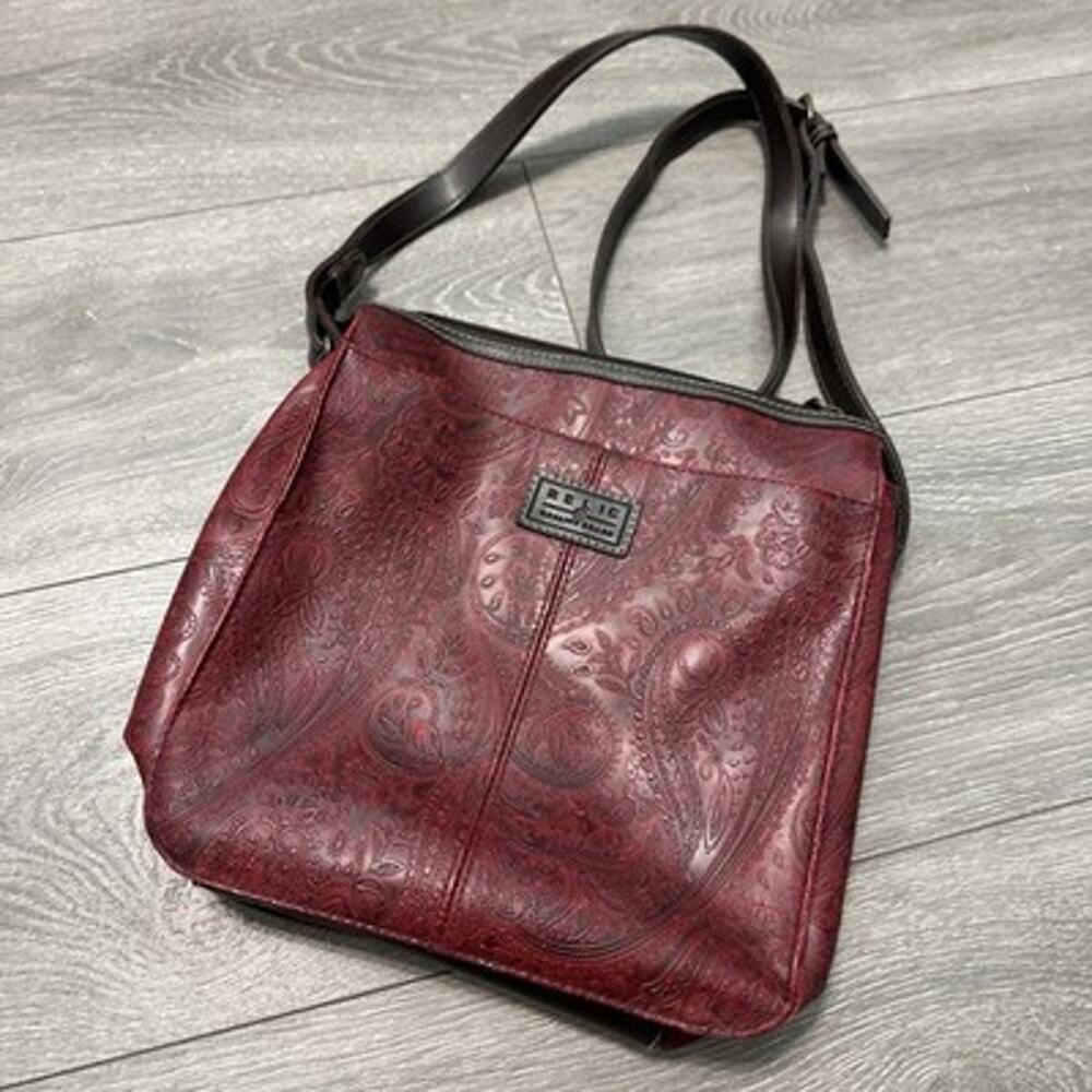 Relic Crossbody Handbag Red Paisley Embossed Faux Leather Purse Adjust Bag